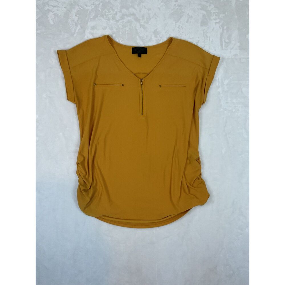 Sweet Wanderer Maternity Blouse Mustard Yellow Half Zip Short Sleeve XL